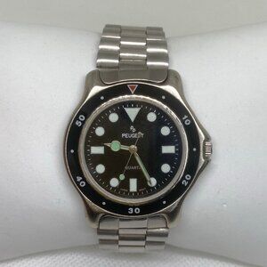 Vintage Peugeot men’s wrist watch 38mm round quartz analog silver tone running